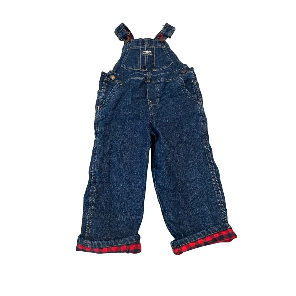 OshKosh B'gosh 3T Toddler Denim Blue overall Red Plaid Lined‎ Pocket Holiday